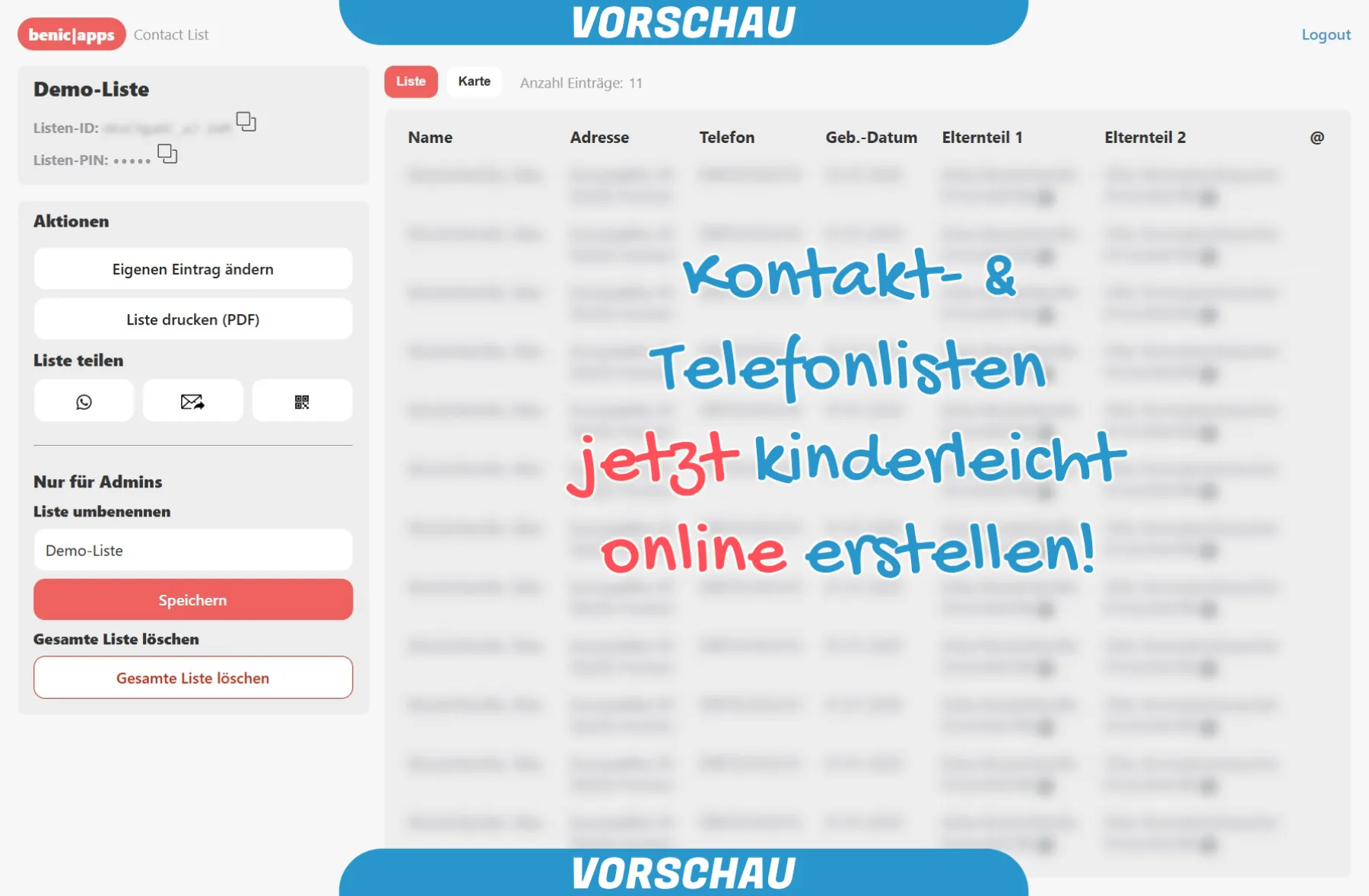 Beispiel einer online erstellten Klassenliste mit Kontakt- und Telefonliste für Eltern