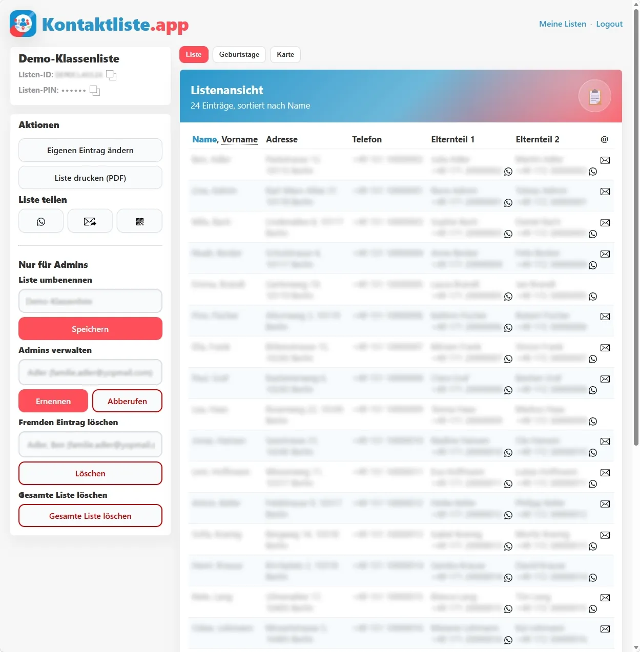 Digitale Kontaktliste mit Kontaktdaten, Aktionen und Kartenansicht