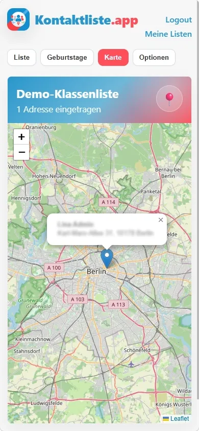 Mobile Ansicht einer digitalen Kontaktliste auf dem Smartphone